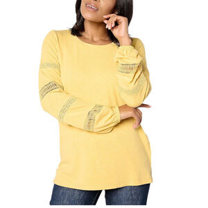 Belle Boho by Kim Gravel Women's Slub Top w/ Lace Trim Slv Ochre - Regular
